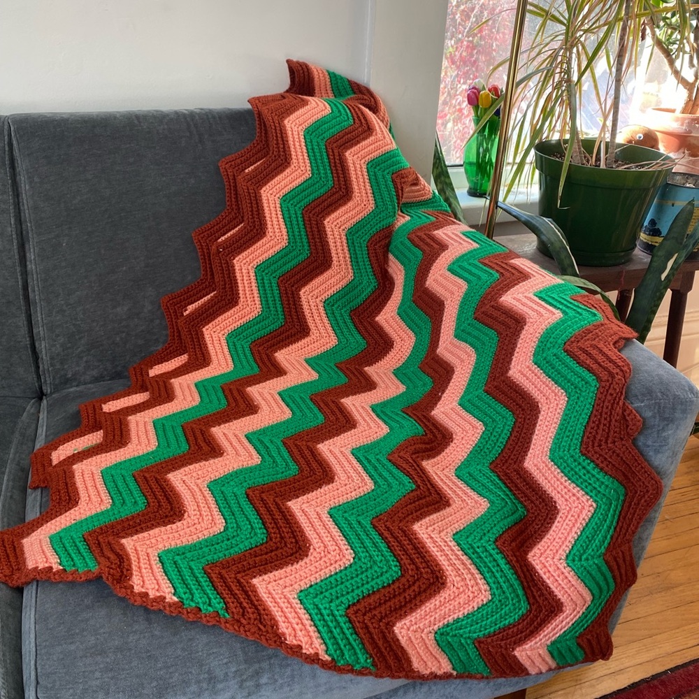 Vintage Handmade Zigzag Crochet Knit Blanket - Green, Brown, and Pink - Picture 2 of 5